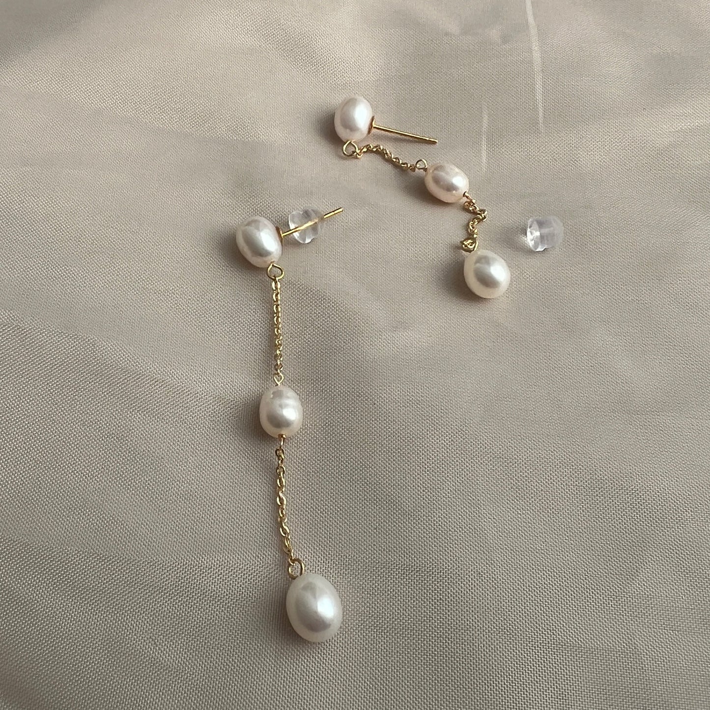 Rice Pearl Chain Drop Earrings|Gold & Silver