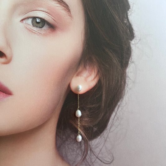 Rice Pearl Chain Drop Earrings｜Gold & Silver